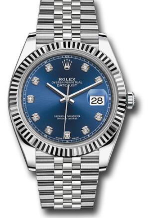 Replica Rolex Steel and White Gold Rolesor Datejust 41 Watch 126334 Fluted Bezel Blue Diamond Dial Jubilee Bracelet